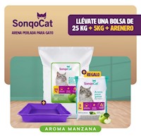 Arena para gato PERLAS MANZANA 25 KG + REGALO 5KG + ARENERO